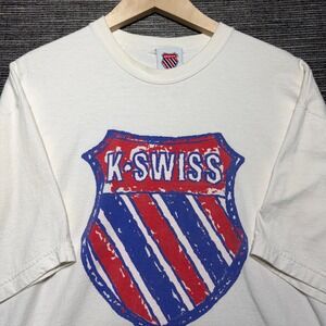 K-Swiss Vintage Shirt Men XL White SS Shield Logo Graphic Distressed Made USA